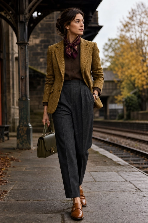 Tailored Autumn Blazer Outfit A woman wears a mustard-brown blazer over a dark brown top with a burgundy scarf, charcoal pleated trousers, brown loafers, and a structured handbag.