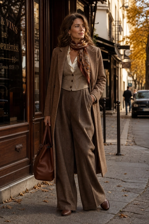 Tailored Brown Layered Look A woman wears a long brown coat over a buttoned vest, white blouse, wide-leg trousers, patterned scarf, brown ankle boots, and carries a leather tote on a city sidewalk.