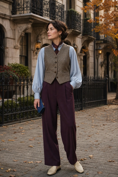 Tailored Vest and Wide-Leg Trousers A woman wears a brown tailored vest over a light blue blouse with burgundy wide-leg trousers, cream loafers, and a patterned neck scarf.
