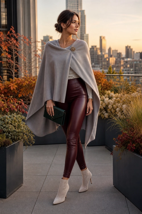 Taupe Cape and Burgundy Leather-Look Leggings A woman wears a taupe cape over a light neutral top with burgundy leather-look leggings, cream ankle boots, and a black clutch.