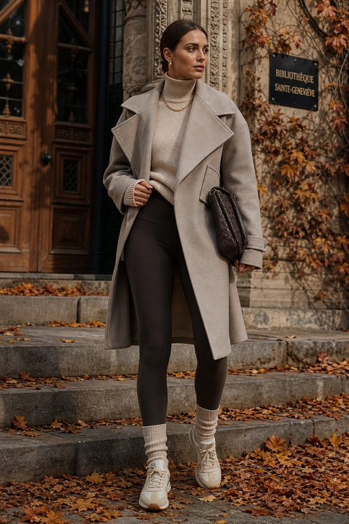 A woman wears a taupe long coat over a beige turtleneck with dark fitted trousers, scrunched socks, cream sneakers, and a dark shoulder bag.