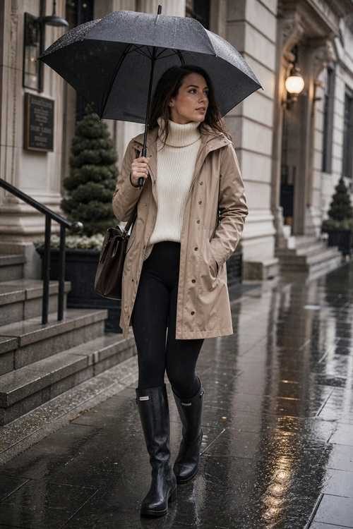 Woman wearing a taupe raincoat, cream turtleneck sweater, black leggings, and knee-high rain boots while holding a black umbrella on a rainy city street.