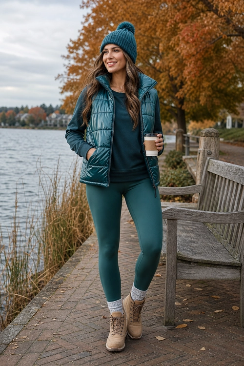 Woman wearing a teal pom-pom beanie, quilted puffer vest, long-sleeve top, leggings, knit socks, and tan lace-up boots.