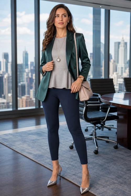 A polished outfit featuring a teal blazer, light gray top, navy slim trousers, silver pointed heels, and a blush shoulder bag.