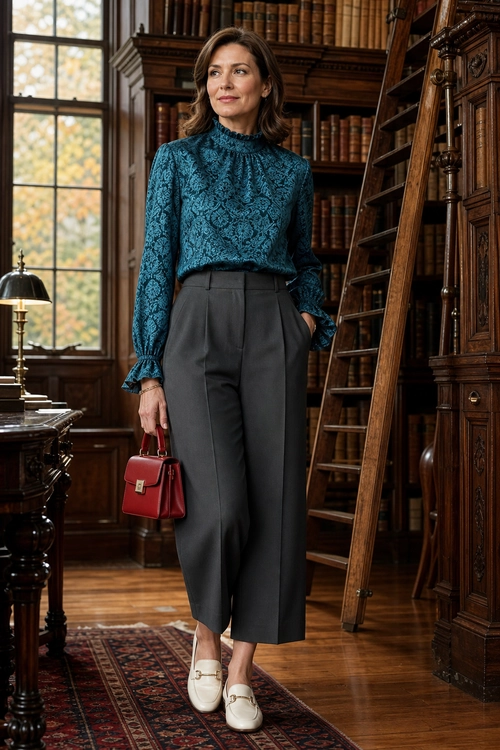 Teal Blouse and Charcoal Trousers Outfit A teal patterned high-neck blouse is paired with charcoal wide-leg trousers, cream loafers, and a structured red handbag.