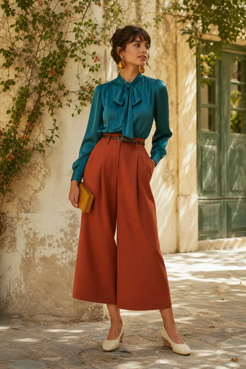 Teal Blouse and Rust Wide-Leg Trousers A woman wears a teal tie-neck blouse with rust cropped wide-leg trousers, a brown belt, a mustard clutch, and woven beige flats.