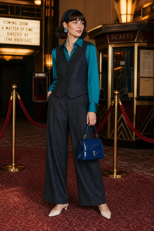Teal Blouse and Tailored Vest Outfit A teal long-sleeve blouse is styled with a charcoal tailored vest, wide-leg trousers, a blue handbag, and cream pointed shoes.