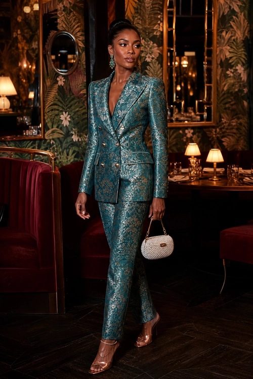 Teal Brocade Suit with Beaded Clutch A woman wears a teal brocade double-breasted blazer with matching trousers, nude strappy heels, and a white beaded clutch.