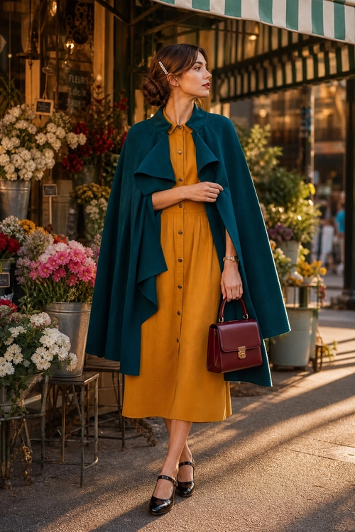 Teal Cape and Mustard Shirt Dress Woman wearing a mustard shirt dress with a teal cape, burgundy handbag, and black strap shoes.