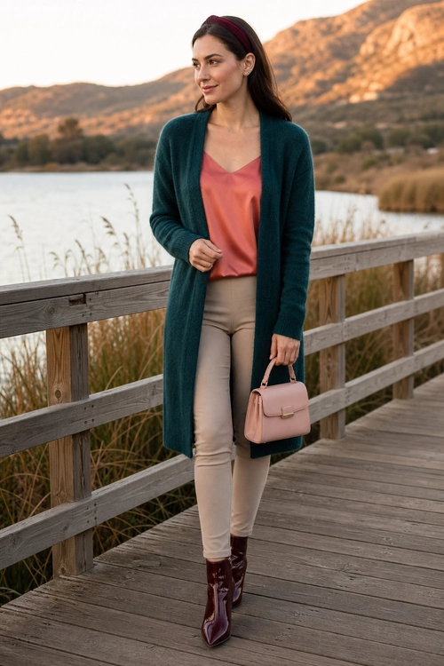 A woman wears a long teal cardigan over a coral top with beige pants, burgundy ankle boots, and a blush pink handbag on a wooden lakeside boardwalk.