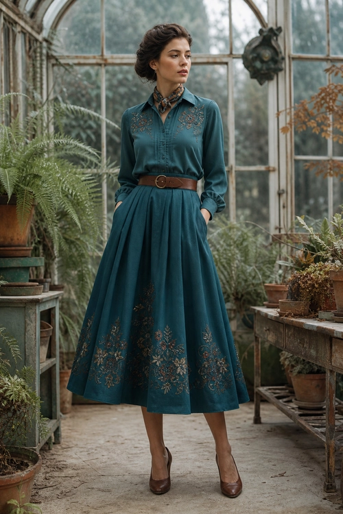 A woman wears a teal long-sleeve embroidered midi dress with a brown belt, patterned neck scarf, and brown pumps.