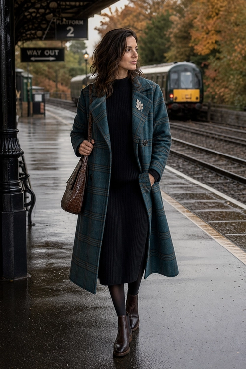 Teal Plaid Coat with Black Knit Dress Woman wearing a teal plaid long coat over a black knit midi dress with tights, brown ankle boots, and a shoulder bag.
