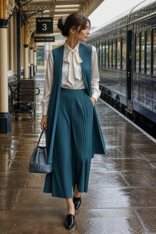 Teal Pleated Vest Outfit A woman wears a teal pleated vest and wide-leg trousers over a cream bow blouse, styled with black loafers and a structured handbag.
