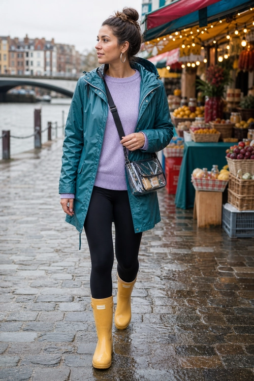 Woman wearing a teal raincoat over a lavender sweater with black leggings, yellow rain boots, and a crossbody bag.