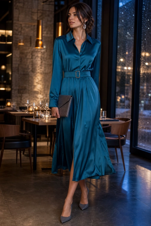 A woman wears a teal satin shirt dress with a matching belt, gray pointed-toe pumps, and a brown clutch.