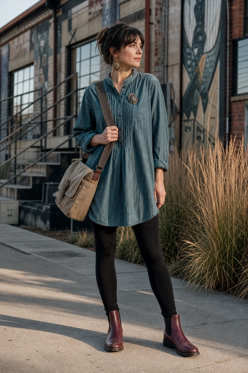 A woman wears a teal long-sleeve tunic with black leggings, burgundy ankle boots, and a taupe crossbody bag.