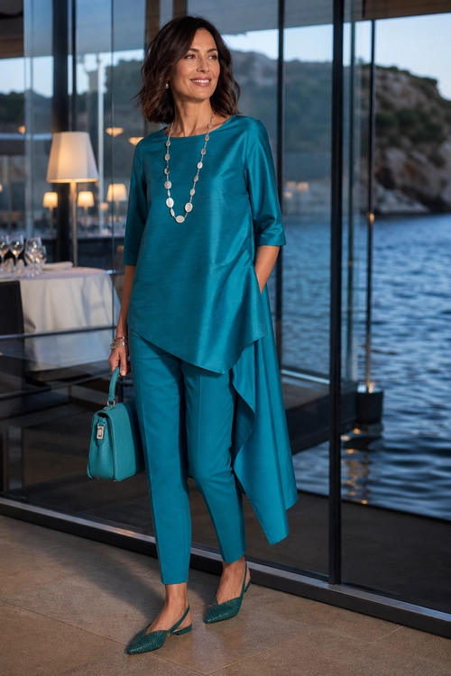 Woman wearing a teal asymmetrical tunic with matching trousers, pointed flats, a structured handbag, and a long pendant necklace.