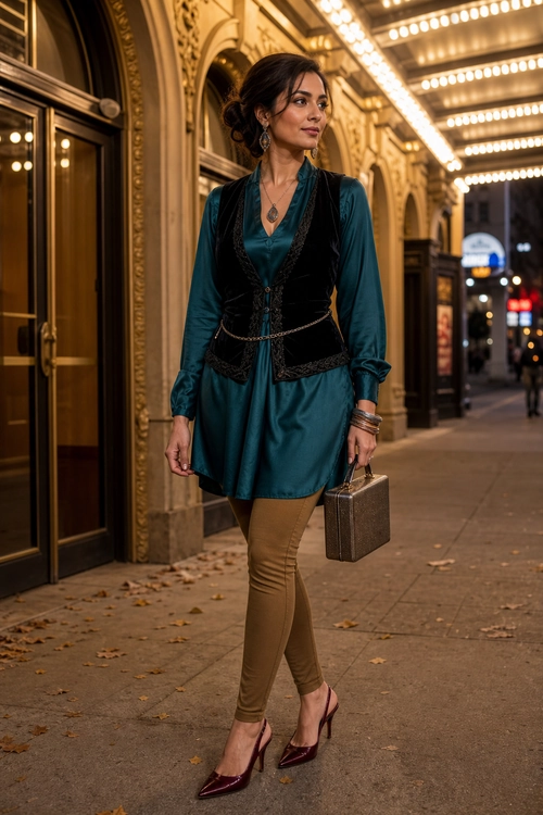 Teal Tunic with Velvet Vest A teal long-sleeve tunic styled with a black velvet vest, brown leggings, burgundy heels, and a structured metallic handbag.