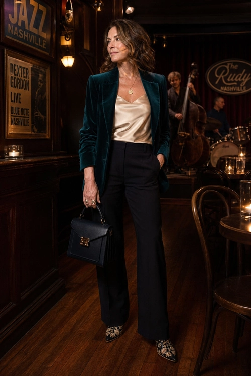 A woman wears a deep teal velvet blazer with a champagne satin camisole, black wide-leg trousers, a structured black handbag, and patterned pointed-toe shoes.
