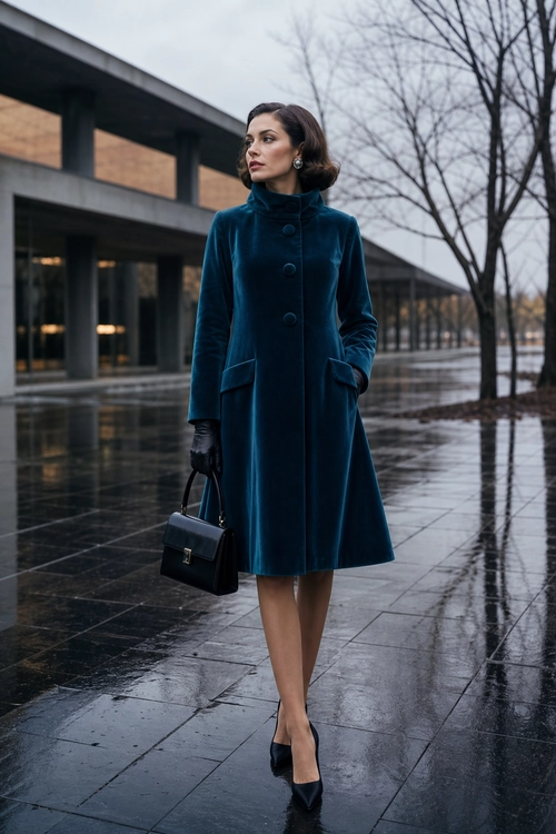 Teal Velvet Coat Outfit A woman wears a teal velvet coat with black gloves, a structured handbag, and black pointed-toe pumps.