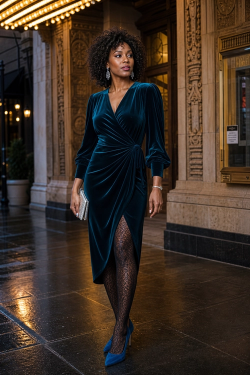 Teal Velvet Wrap Dress Outfit A woman wears a teal velvet wrap dress with lace tights, blue heels, a silver clutch, and drop earrings.