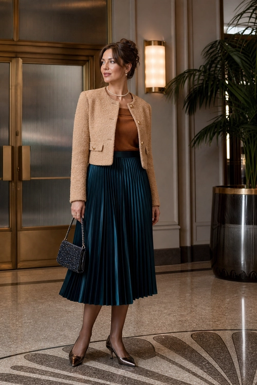 A woman wears a cropped beige textured jacket over a brown top with a dark teal pleated midi skirt, pointed heels, and a small embellished handbag.