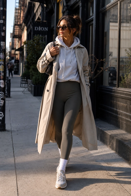 Woman wearing a beige trench coat over a light gray hoodie with dark leggings, white socks, sneakers, and sunglasses on a city sidewalk.