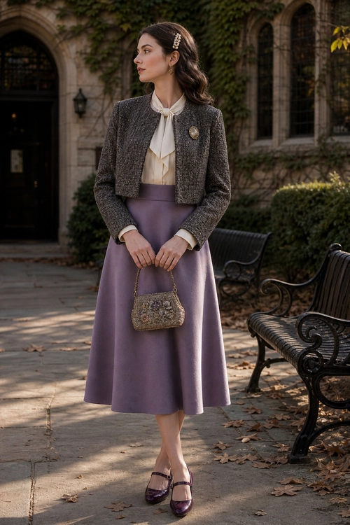 Elegant Tweed Jacket and Lavender Skirt Outfit Woman wearing a cropped gray tweed jacket, cream bow blouse, lavender midi skirt, embellished handbag, and burgundy Mary Jane shoes.