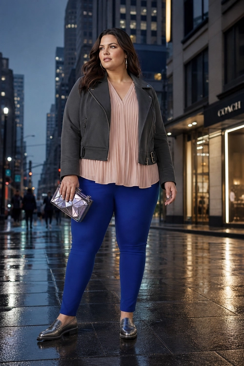 A woman wears a dark gray moto jacket over a blush pink pleated blouse, cobalt blue pants, black loafers, and carries a metallic clutch.
