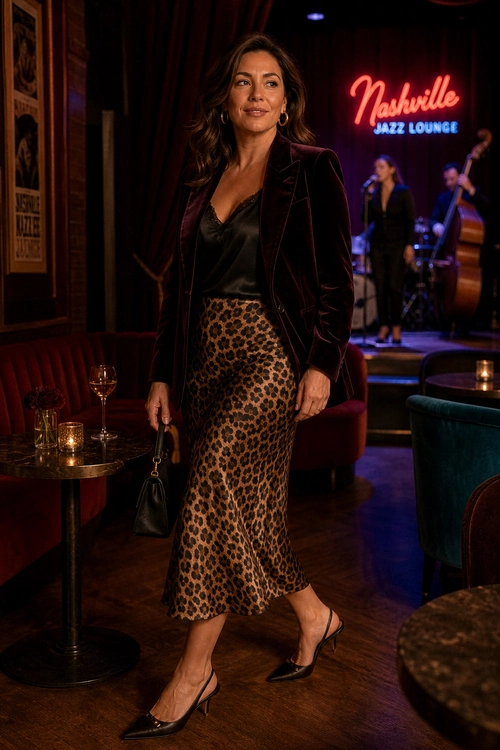 Velvet Blazer and Leopard Skirt A woman wears a burgundy velvet blazer, black satin camisole, leopard print midi skirt, black slingback heels, hoop earrings, and a small black handbag.