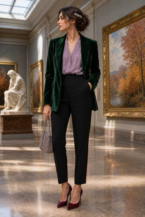 Velvet Blazer and Tailored Trousers Woman wearing a dark green velvet blazer, lavender blouse, black tailored trousers, burgundy pointed heels, and a small metallic chain handbag.