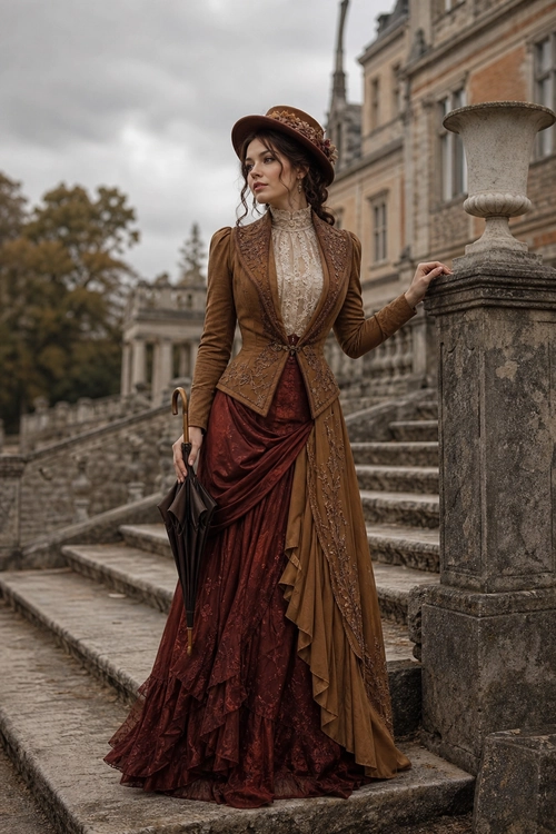 Victorian-Inspired Brown and Burgundy Outfit A woman wears a long embroidered brown coat over a high-neck lace blouse and burgundy floor-length skirt, with a decorated brown hat and black umbrella.