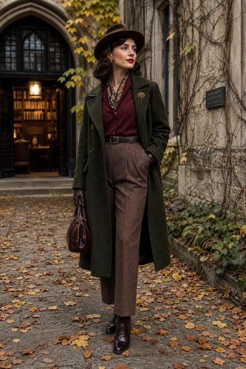 Vintage-Inspired Autumn Outfit A woman wears a dark olive long coat over a burgundy blouse, patterned scarf, high-waisted brown trousers, ankle boots, and a wide-brim hat.