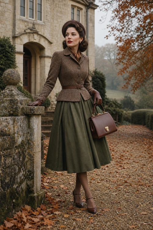 Vintage-Inspired Autumn Outfit A woman wears a brown fitted jacket with an olive midi skirt, brown heels, and a structured burgundy handbag outdoors in autumn.