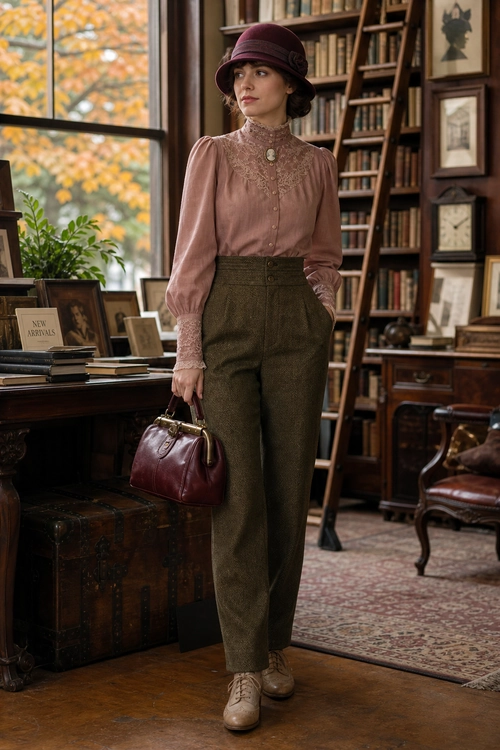 Vintage Autumn Library Outfit A vintage-inspired outfit featuring a dusty rose blouse, high-waisted olive trousers, burgundy hat and handbag, and brown lace-up boots.
