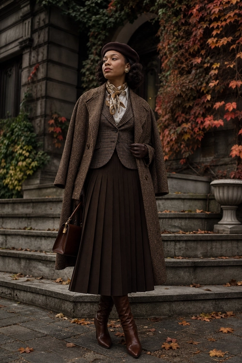 Vintage Brown Layered Outfit A woman wears a brown tweed coat, checked blazer, pleated skirt, beret, scarf, gloves, boots, and handbag on stone steps.