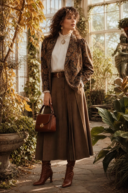 Vintage Brown Layered Outfit A woman wears a patterned brown blazer over a white ruffled blouse, a pleated brown midi skirt, heeled boots, and carries a structured leather handbag.