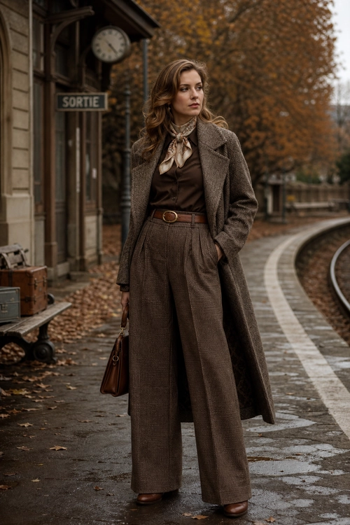Vintage Brown Tailored Outfit A woman wears a long brown coat, silk neck scarf, dark brown top, wide-leg trousers, belt, handbag, and brown shoes on a railway platform.