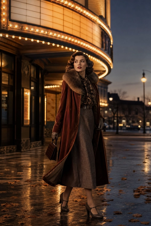 Vintage Burgundy Coat Outfit A woman wears a burgundy coat with a fur collar, patterned blouse, gray midi skirt, dark gloves, a small handbag, and black Mary Jane heels.