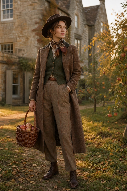 Vintage Countryside Layered Look A person wears a brown long coat, green vest, collared shirt, patterned neck scarf, high-waisted trousers, wide-brim hat, and brown boots while carrying a basket of apples.