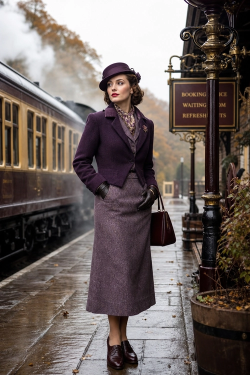 A woman wears a plum tailored jacket, textured midi skirt, patterned neck scarf, matching hat, gloves, handbag, and polished loafers.