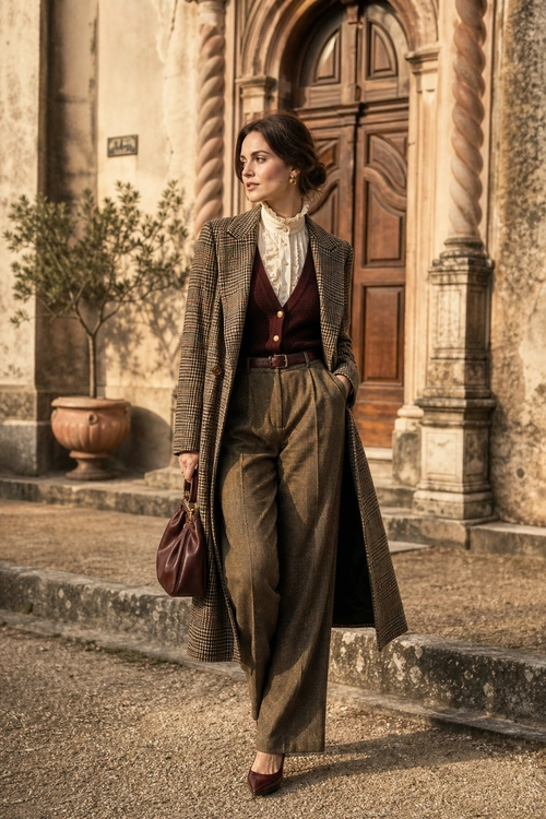 Vintage Tailored Autumn Outfit A woman wears a checked long coat over a burgundy waistcoat, ruffled white blouse, high-waisted brown trousers, and burgundy accessories.