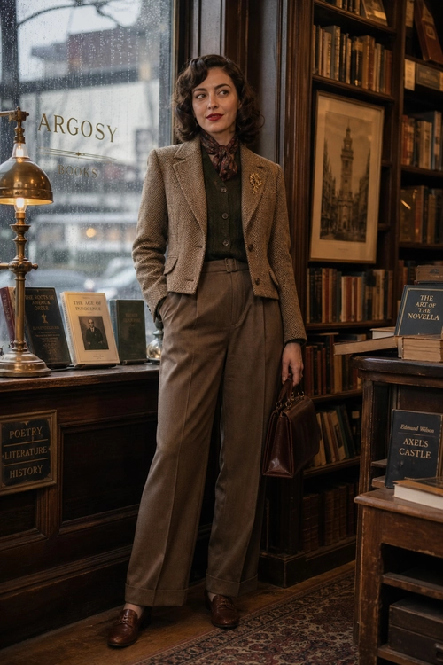 Vintage Tailored Library Look Woman wearing a tweed blazer, dark green vest, neck scarf, wide-leg brown trousers, brown shoes, and carrying a structured handbag in a library.