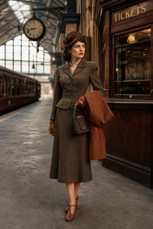 Vintage Tailored Station Outfit Woman wearing a brown tailored midi dress, matching hat, leather gloves, brown heels, and carrying a rust-colored coat and small shoulder bag in a station.