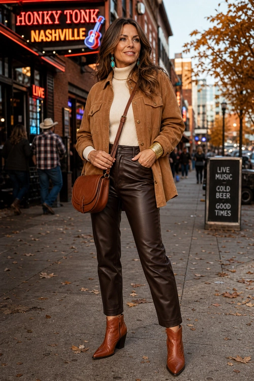 Woman wearing a tan jacket, cream turtleneck, dark brown leather pants, cognac ankle boots, and a brown crossbody bag on a city sidewalk.