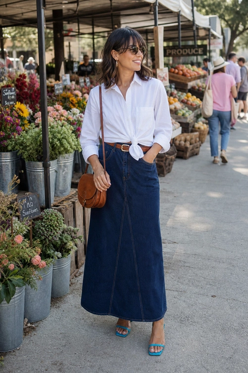 White Shirt and Denim Maxi Skirt A woman wears a tied white button-down shirt with a dark denim maxi skirt, brown belt, crossbody bag, sunglasses, and blue strappy sandals.