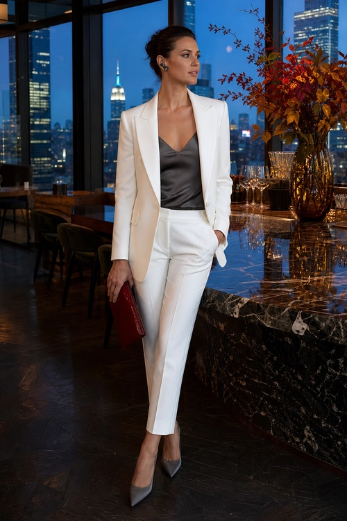 Woman wearing a white blazer and tailored trousers with a charcoal satin camisole, gray pointed-toe pumps, and a red clutch.