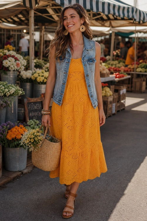 Yellow Eyelet Dress with Denim Vest A woman wears a yellow eyelet midi dress with a sleeveless denim vest, tan sandals, woven tote, round earrings, and bracelets at an outdoor market.