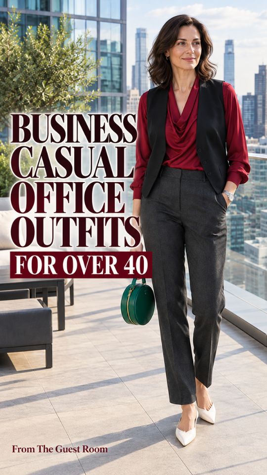 A woman over 40 wears a business casual outfit for the office with a burgundy draped blouse and black vest paired with charcoal tailored trousers, white pointed-toe heels, and a green handbag