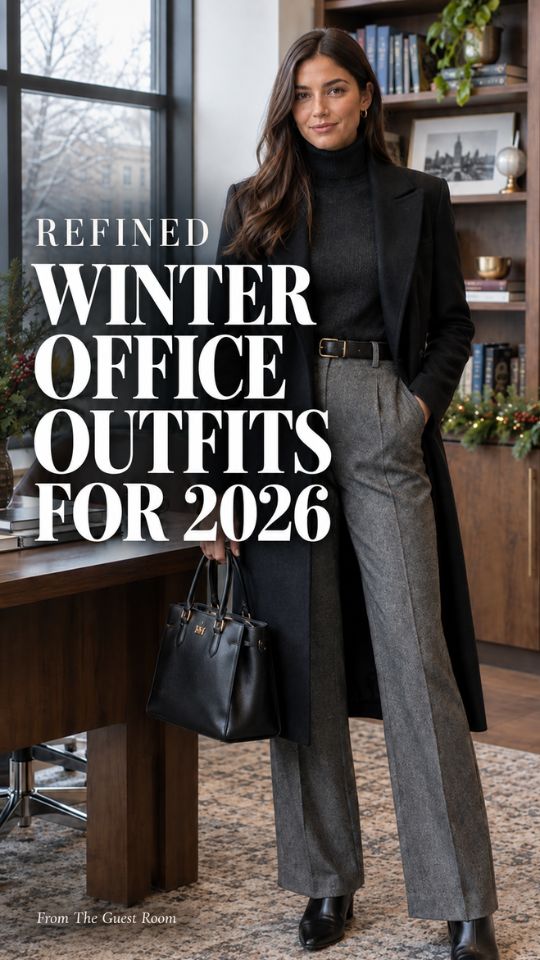A woman wears a black long coat with a black sweater, ankle boots, and a tote for a winter office outfit